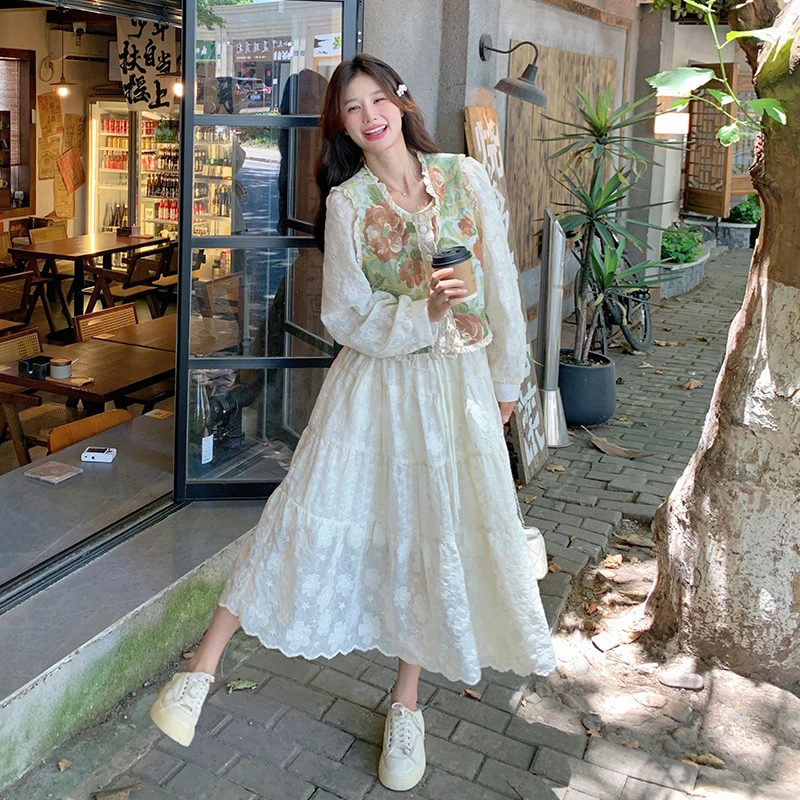 超好看提花马甲连衣裙套装女春秋新款法式设计感仙女裙两件套