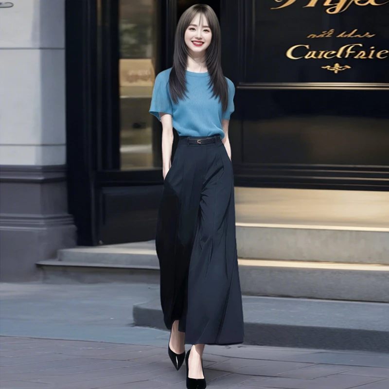 紫色针织气质短袖阔腿裤2025新款休闲通勤大方得体夏季绝美套装女