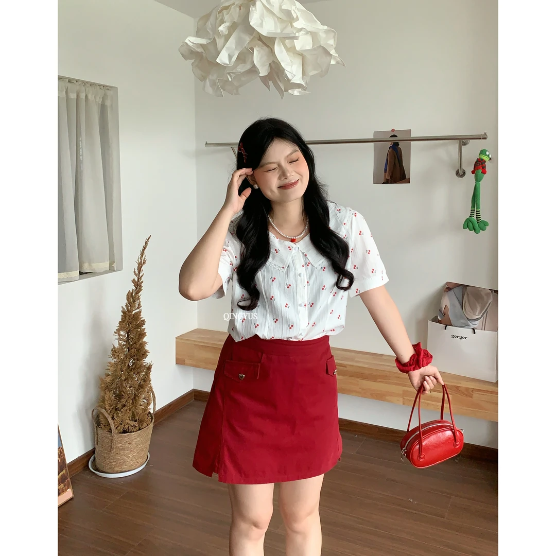 青屿衫-微胖ins风樱桃拼接衬衫气质显瘦减龄别致上衣春季大码女装