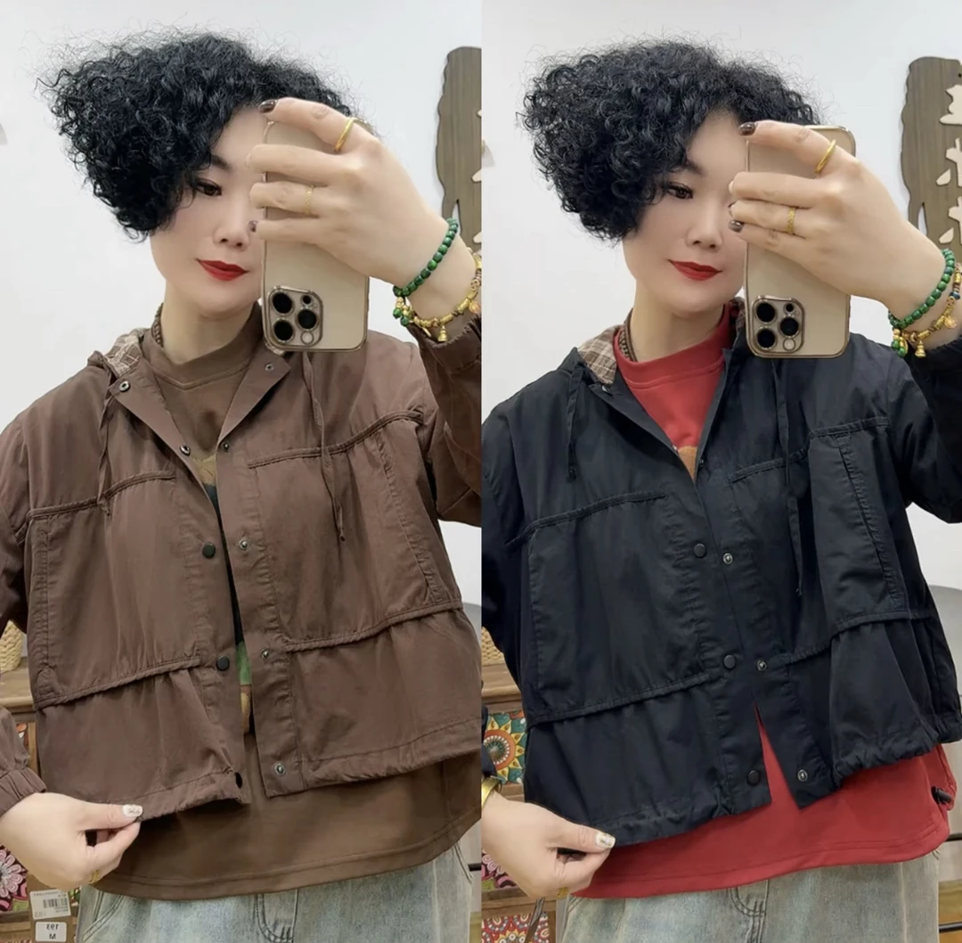 【木木推荐】193#咖格拼色甩帽外套