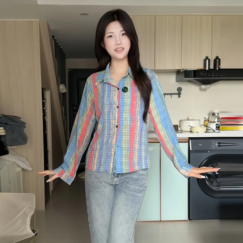 韩版复古撞色条纹休闲拼色上衣衬衫女夏季新款高级感百搭防晒衬衣