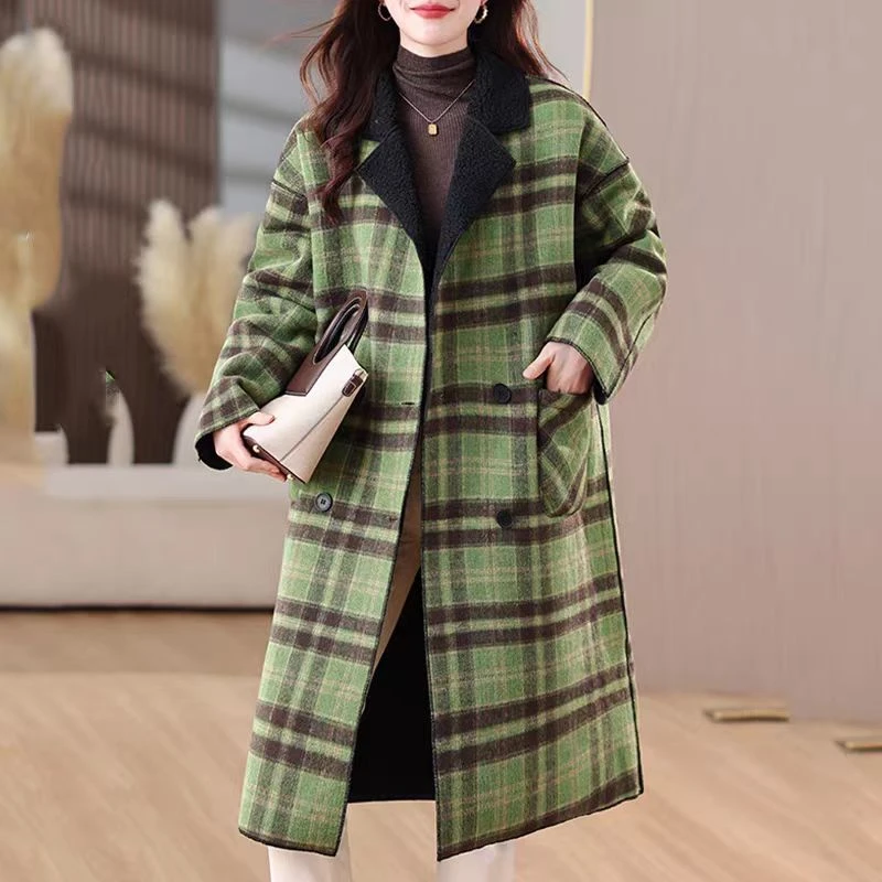 毛呢秋冬中长款显瘦洋气时尚加绒宽松格子款风衣外套