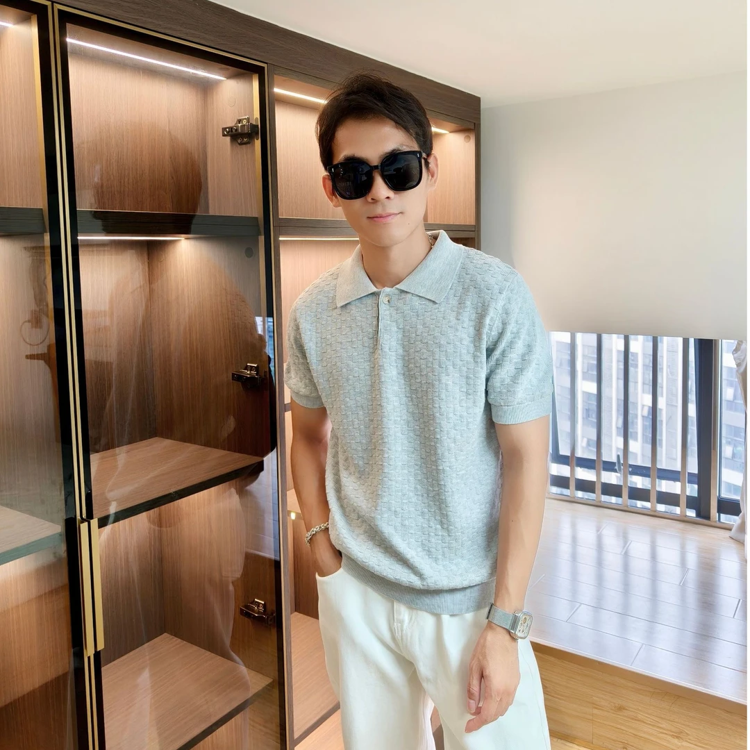 老钱风错位风复古棋盘格肌理提花T恤针织短袖男砂感编织POLO衫