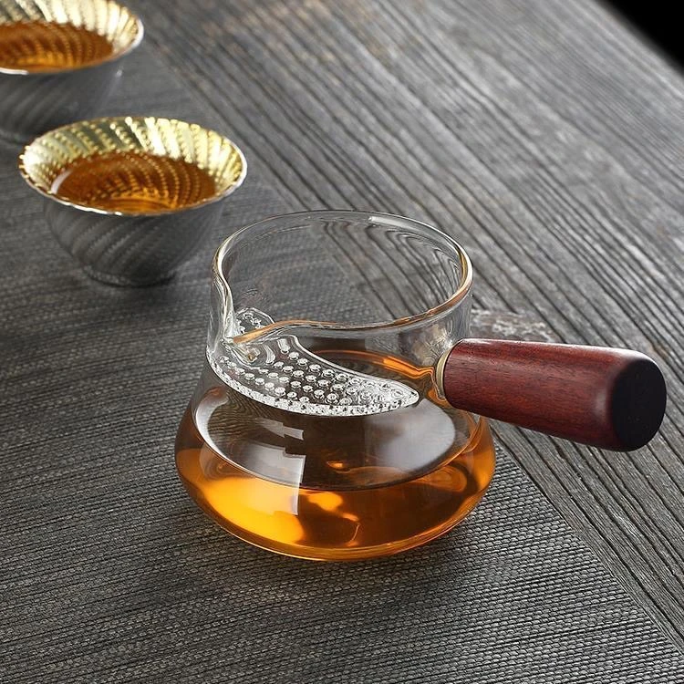 加厚玻璃公道杯木把耐热分茶器月牙茶漏一体泡茶杯大容量绿茶杯