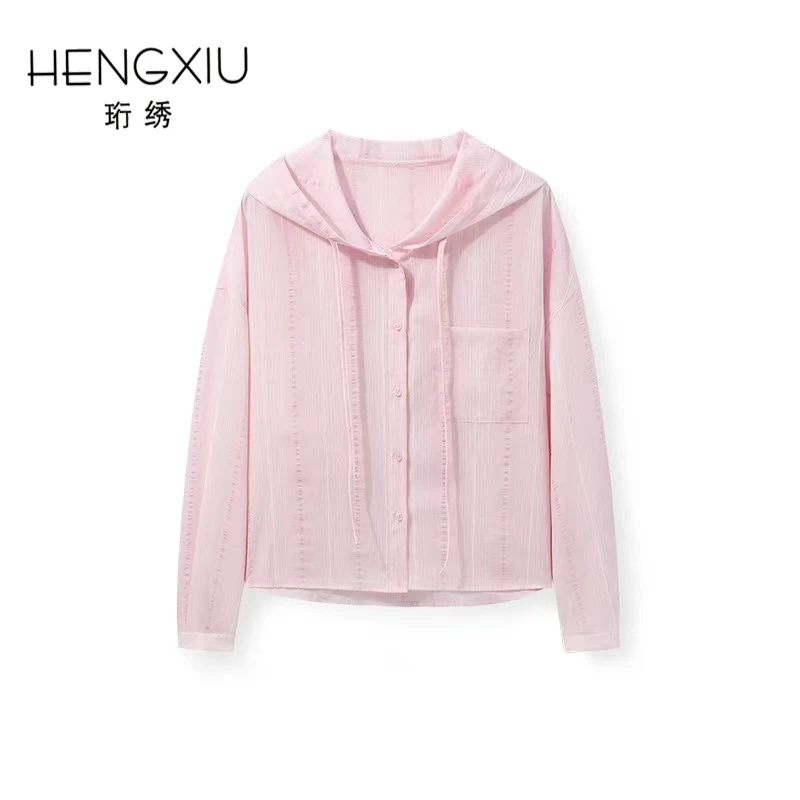 珩绣条纹连帽短外套女2025夏季新款落肩袖抽绳宽松上衣JR-0431