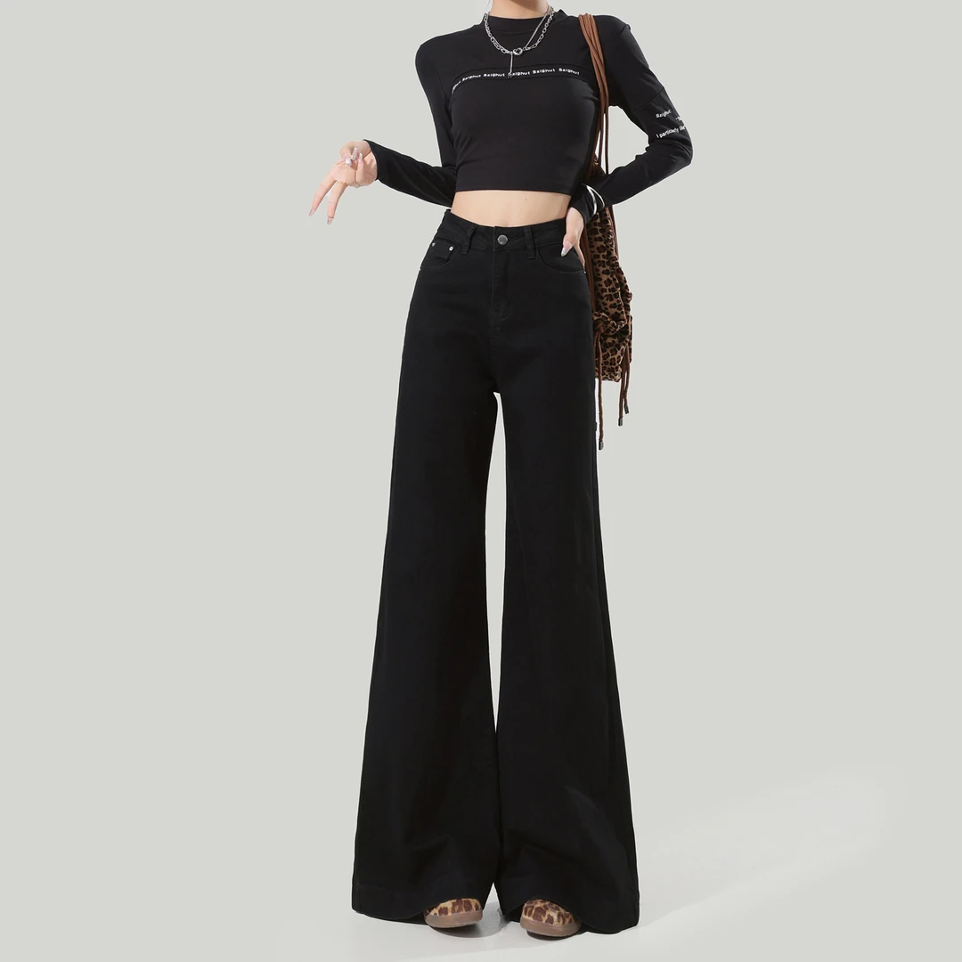 黑色高腰阔腿牛仔裤女2025秋冬新款宽松显瘦加绒不贴腿微喇叭裤子