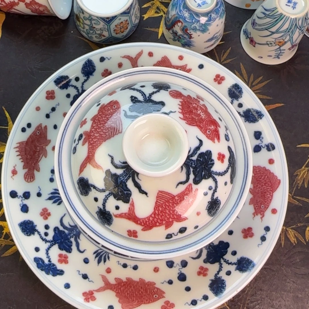 青花釉里红鱼藻盖碗➕壶承