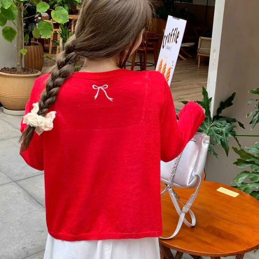 红色冰丝防晒开衫夏季薄款外搭针织外套后背蝴蝶结刺绣慵懒风上衣