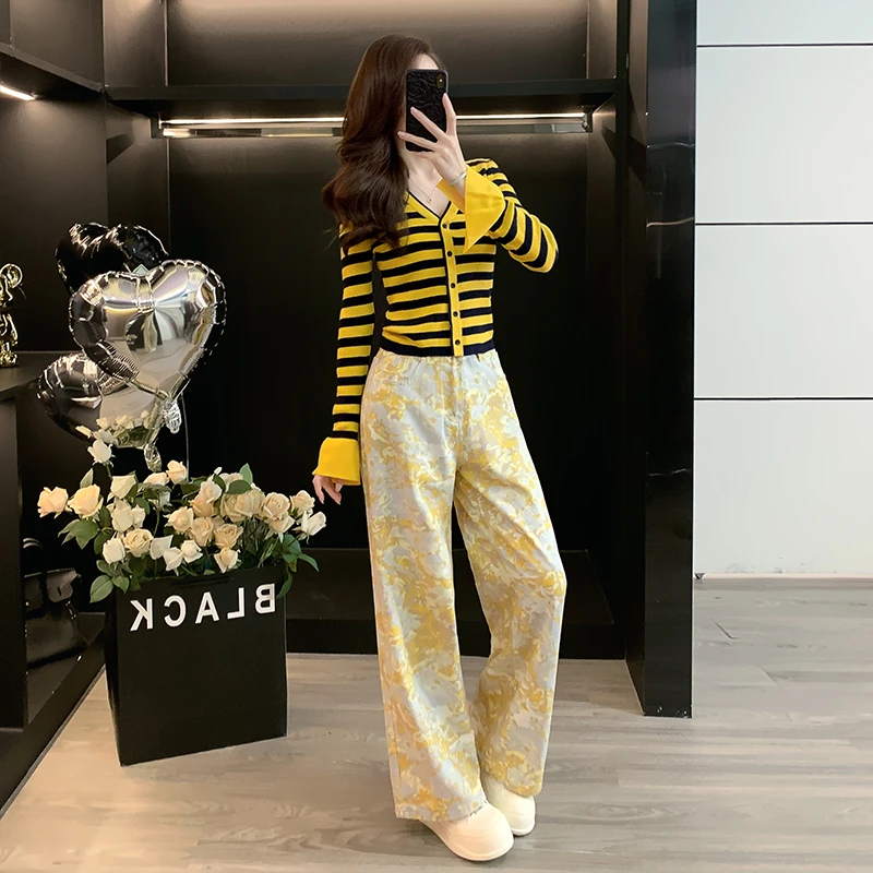 欧货新款休闲风时尚套装阔腿裤休闲显瘦减龄宽松裤子上衣套装针织