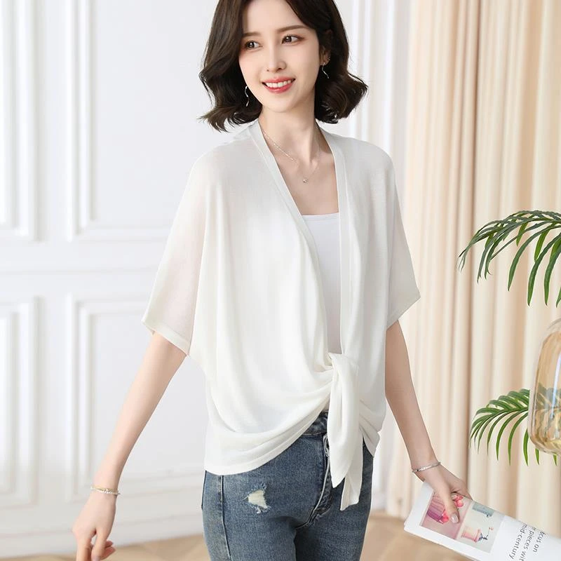 冰丝针织衫女薄款下摆打结防晒开衫夏季桑蚕丝中袖空调披肩上衣