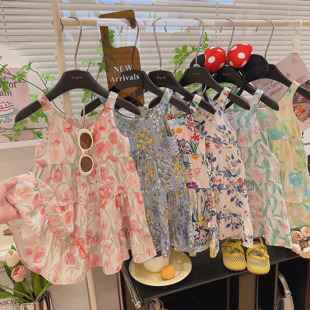 【度假风】儿童棉绸吊带裙女童夏季无袖蛋糕裙洋气碎花女宝连衣裙