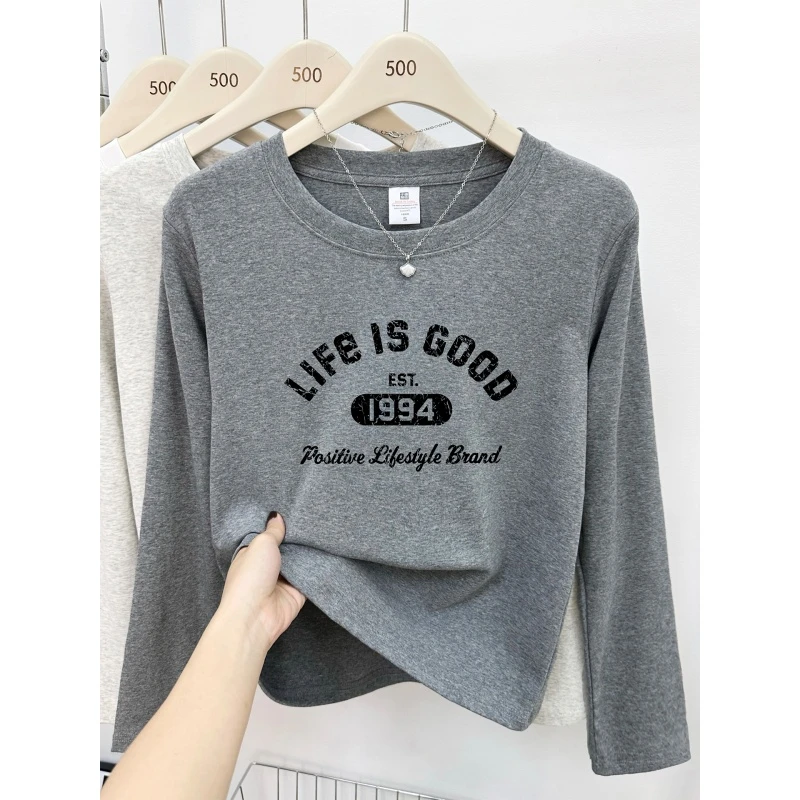 韩版时尚大码胖mm正肩长袖t恤女春秋季打底衫休闲圆领显瘦上衣潮