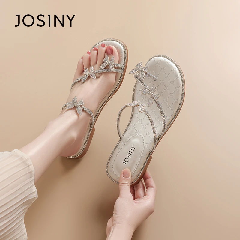 卓诗尼蝴蝶结软底拖鞋女夏外穿2025新款舒适水钻一字拖百搭凉拖鞋