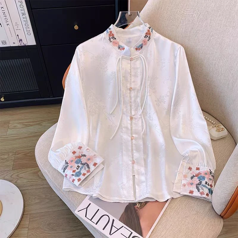 【花晨842】新中式重刺绣立领衬衫早秋新款时尚长袖