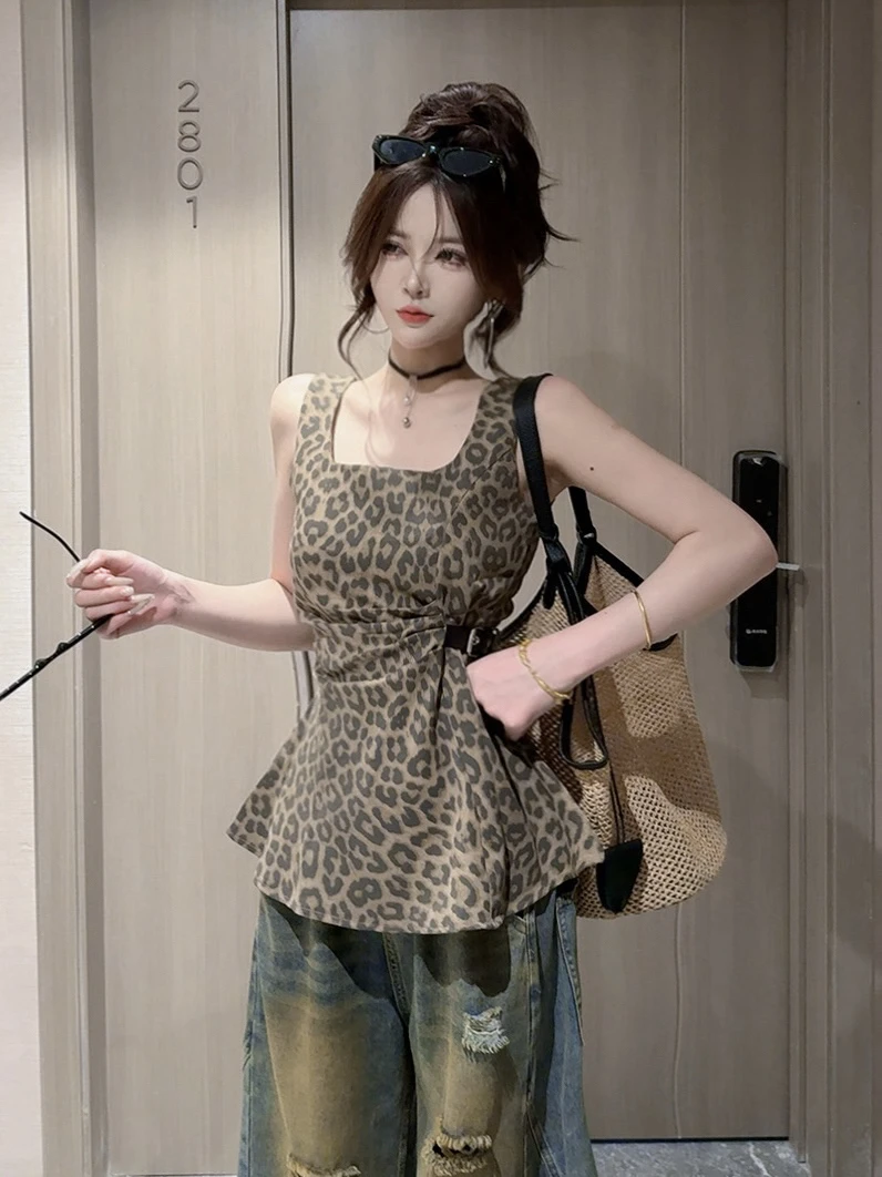 【CCDZ】夏季新品时尚百搭显瘦复古豹纹背心式上衣女