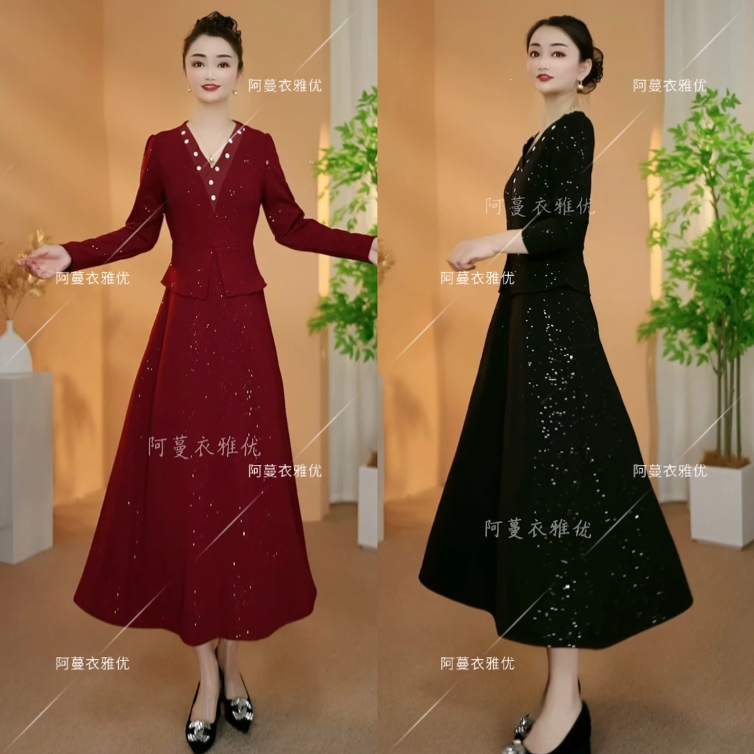 【衣雅严选】8124-2437#衣雅正版加厚锦棉烫金满天星假两件连衣裙