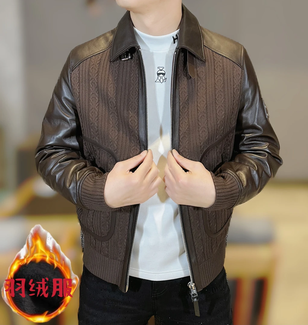2024秋冬新款绵羊皮拼接针织高端男士潮流百搭羽绒服夹克外套