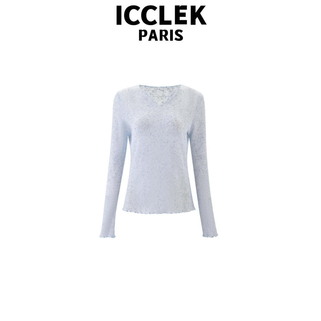 ICCLEK 蓝色V领条纹长袖针织衫百搭气质轻奢名媛多巴胺风 - 5843