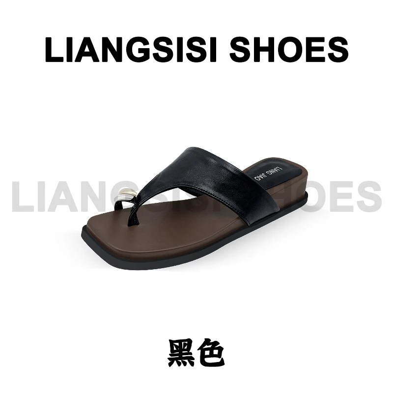 梁思思SHOES【黑军】2025时尚百搭金属扣套趾平底人字拖鞋-2591