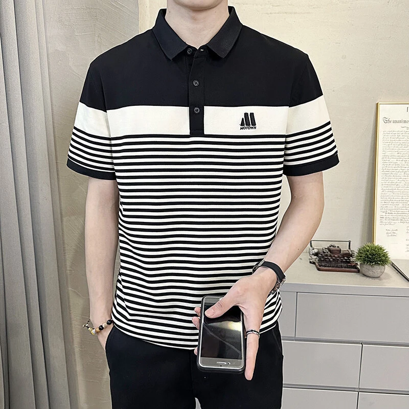 高端男士短袖polo衫夏季翻领t恤条纹夏装半袖男装上衣服体恤打底