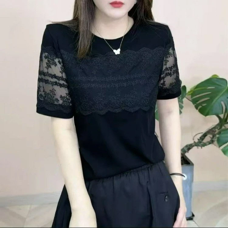 2025夏季新款重工蕾丝拼接上衣宽松显瘦百搭T恤