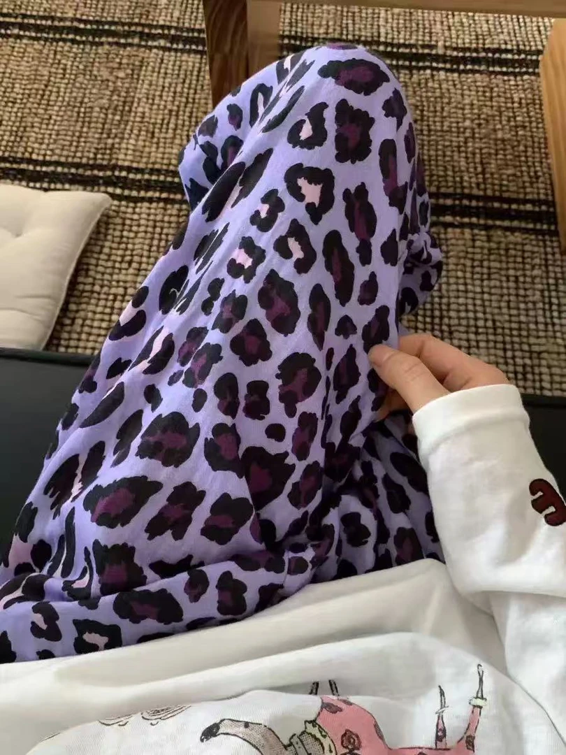 紫色豹纹KT猫棉纱透气亲肤直筒睡裤女夏季可外穿家居溜达裤