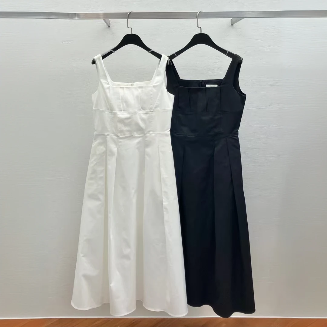 小宽吊带连衣裙NO退换L-3-28无袖白色高腰方领气质休闲显瘦简约