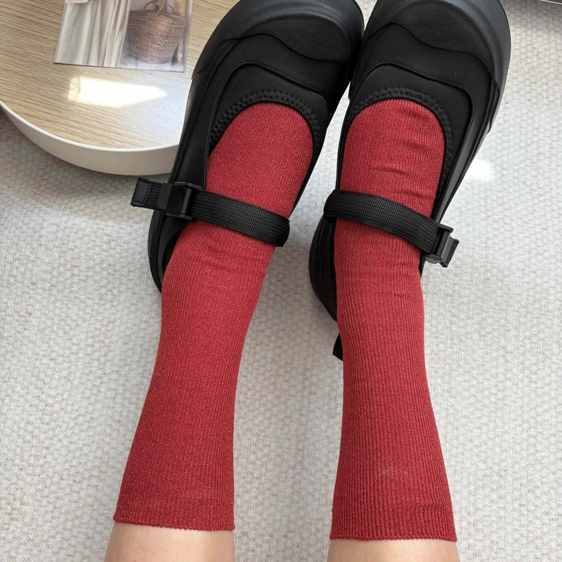 韩国ksox袜子东大门中国红银亮丝中筒袜糖果色坑条纹四季网红女袜