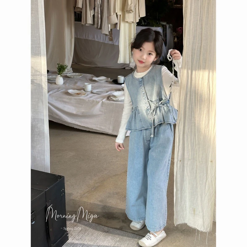 女童套装春装2025新款洋气儿童牛仔背心马甲韩版女孩阔腿裤三件套