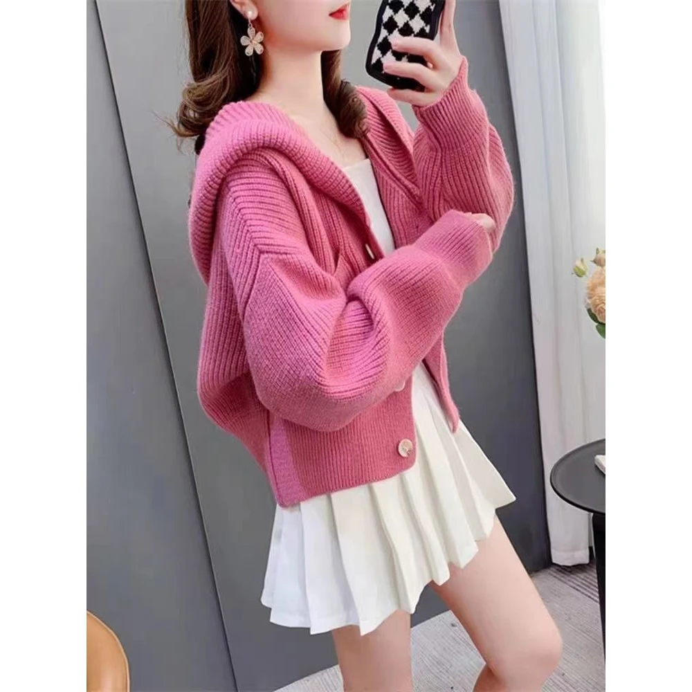 2025秋装新款韩版外搭宽松学生连帽针织衫女短款蝙蝠袖开衫外套潮