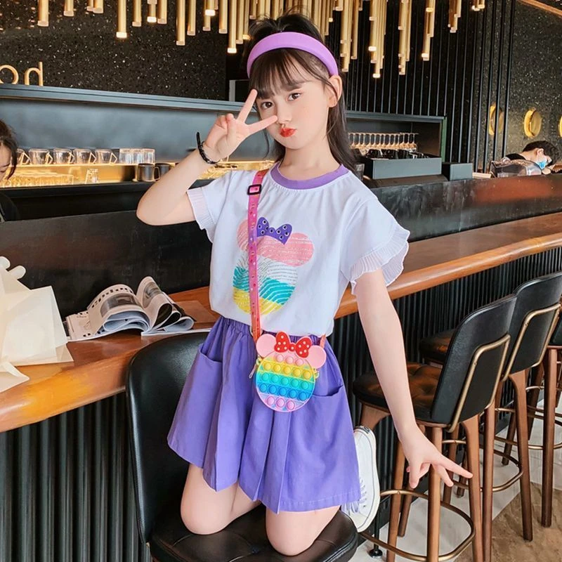 女童荷叶边套装夏季2025新款韩系中大童印花短袖洋气休闲裤两件套