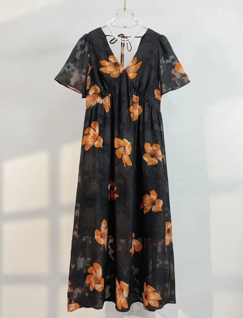 【201-300】百搭女士长款设计师提花水墨花色夏季气质显瘦时尚