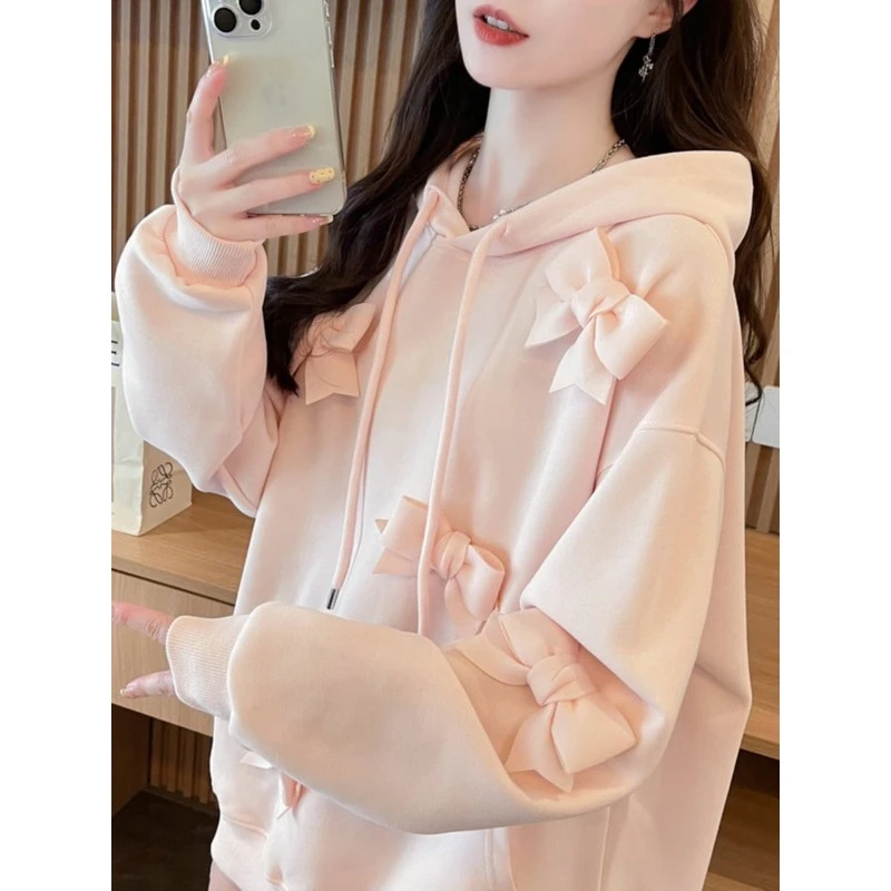 早秋蝴蝶结连帽卫衣女2025新款春秋韩版宽松大码薄款百搭学生外套