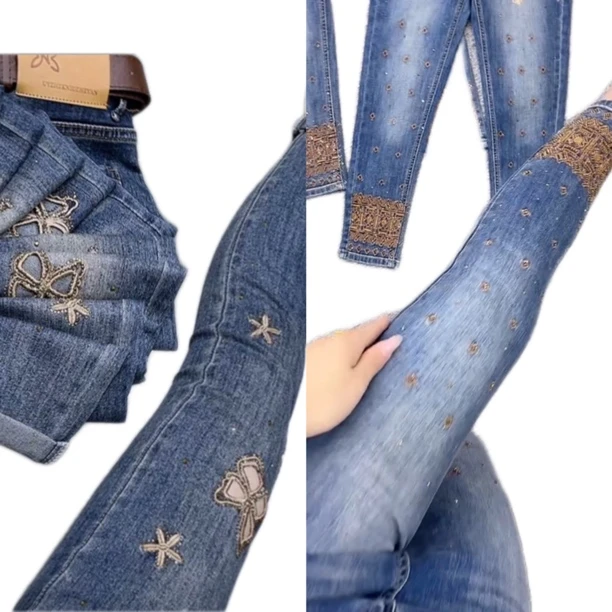 23003-23005款重工刺绣满钻薄料牛仔弹力小脚裤(无腰带)