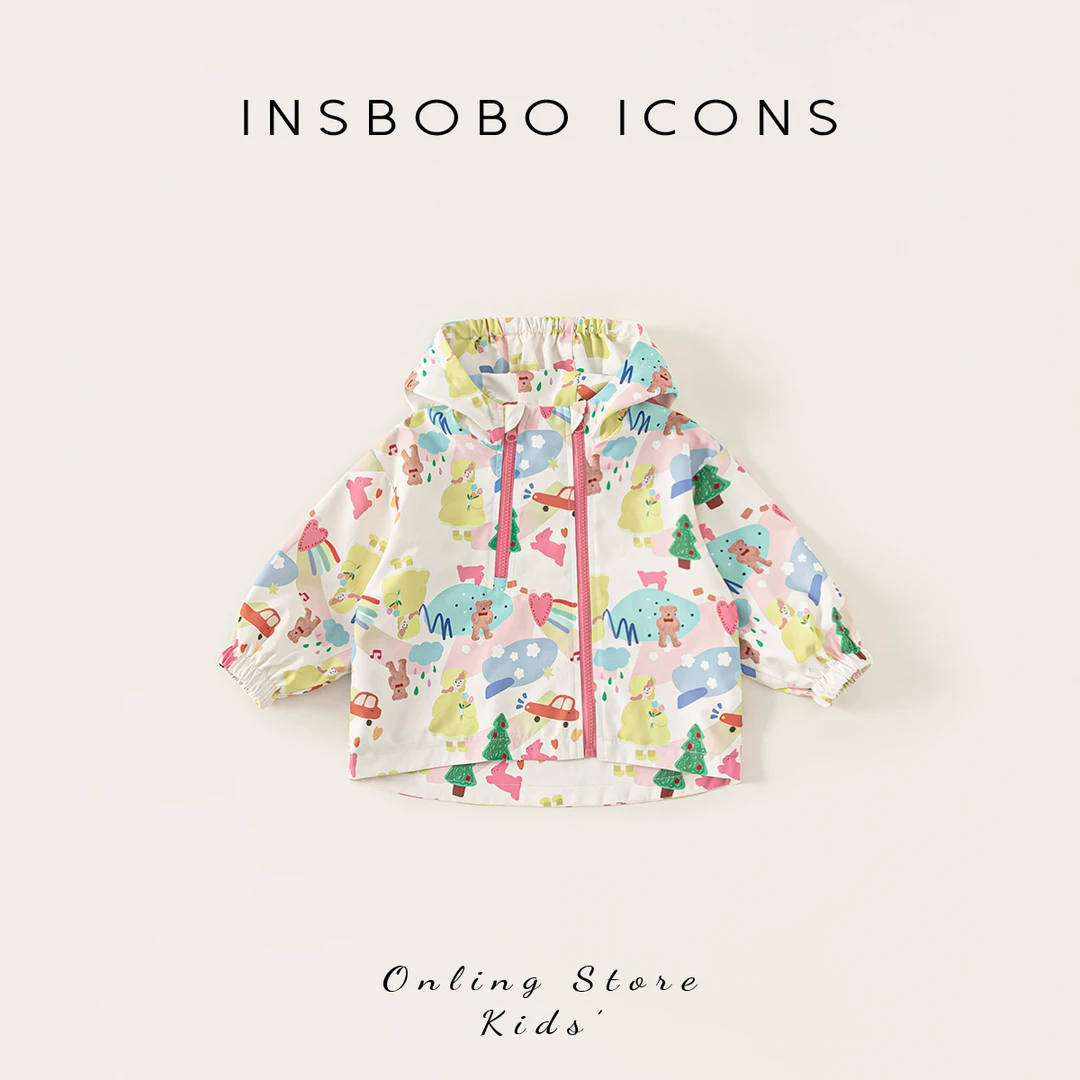 INSbobo儿童卡通印花外套春秋上衣带帽可爱印花双拉链外套CY25198