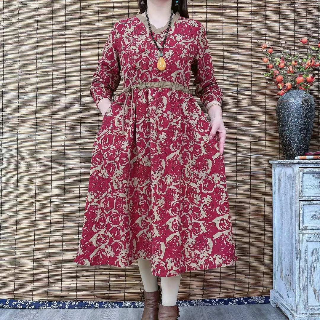 【A50】春季新品小V领拼接设计感玫瑰花红色长袖大摆连衣裙