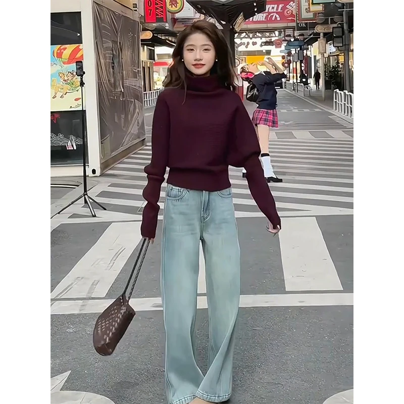 法式复古红色高领针织打底衫女春秋季高级感毛衣内搭宽松显瘦上衣
