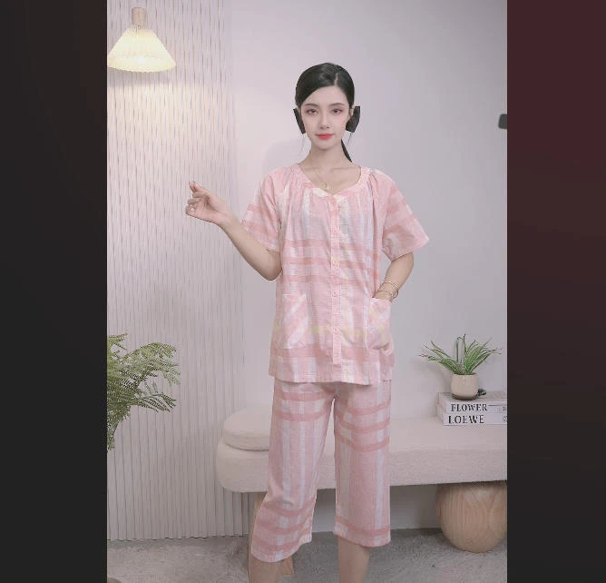 【樱花】短袖七分裤睡衣女款2024新款夏季纯棉春秋款格子家居服