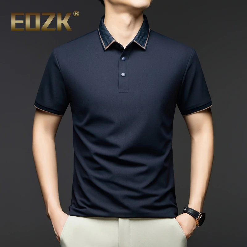 Eozk夏季商务休闲男翻领纯色冰丝短袖t恤中年薄款宽松半袖polo衫