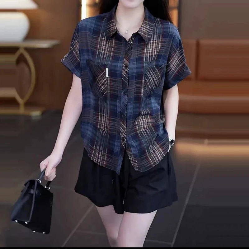 复古短袖格子衬衫女百搭上衣夏季新款小个子漂亮休闲遮肉衬衣
