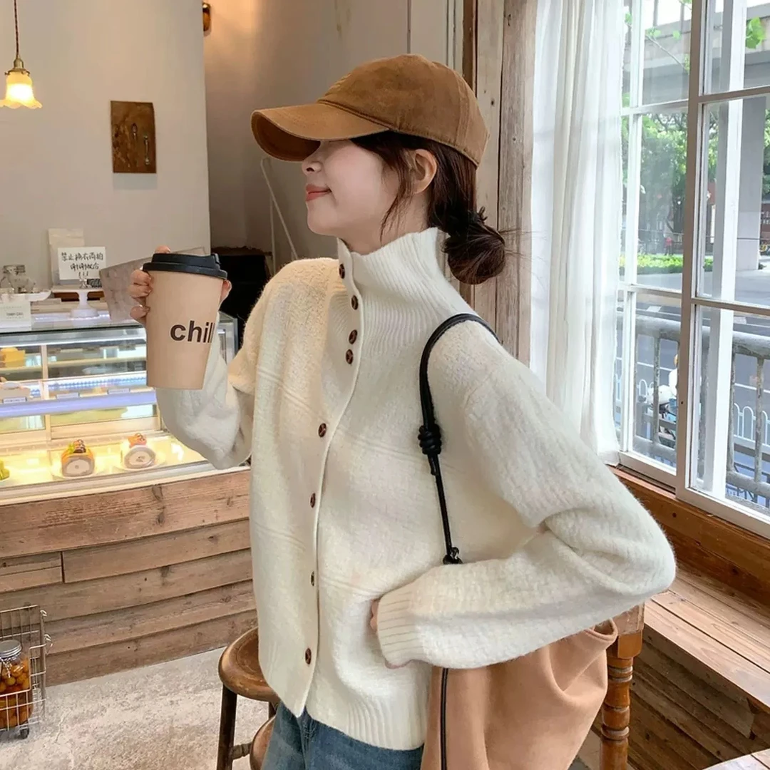 复古温柔慵懒半拉链翻领软糯花纱毛衣秋冬季宽松显瘦毛针织衫061