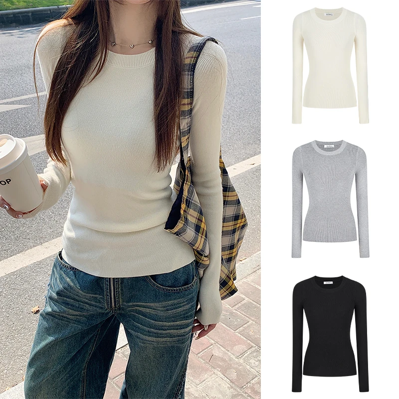 Moses Queen/魔西女王灰色针织衫女秋冬显瘦毛衣修身上衣打底衫