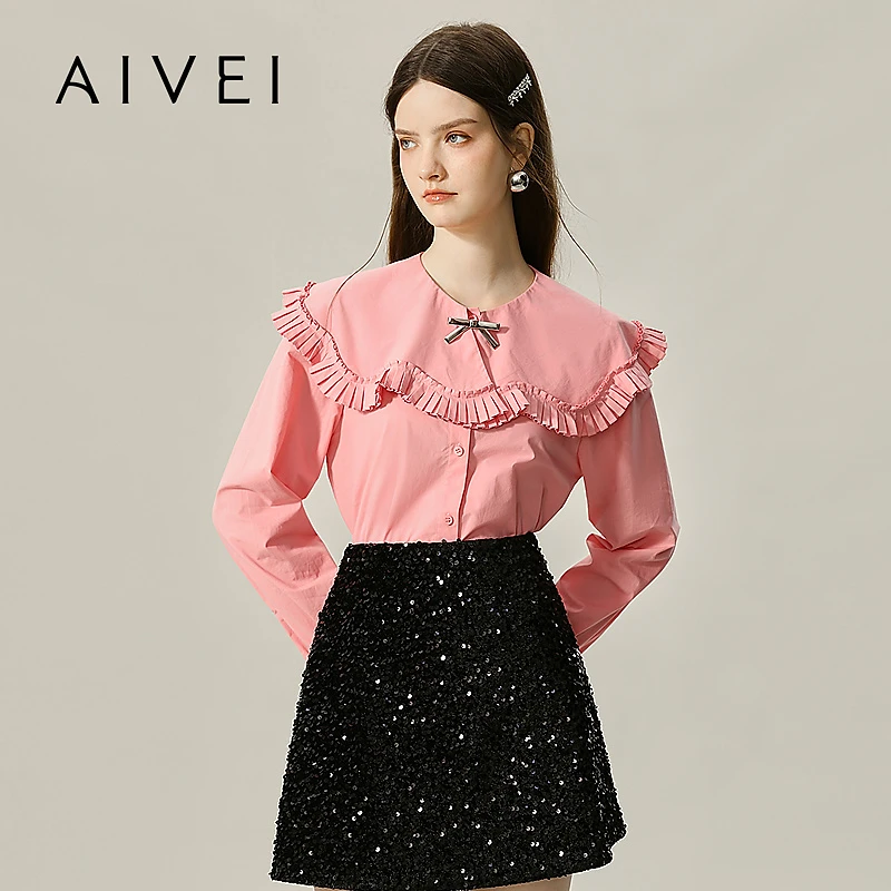 AIVEI欣贺艾薇秋季chic甜美减龄荷叶领长袖衬衫R753403A