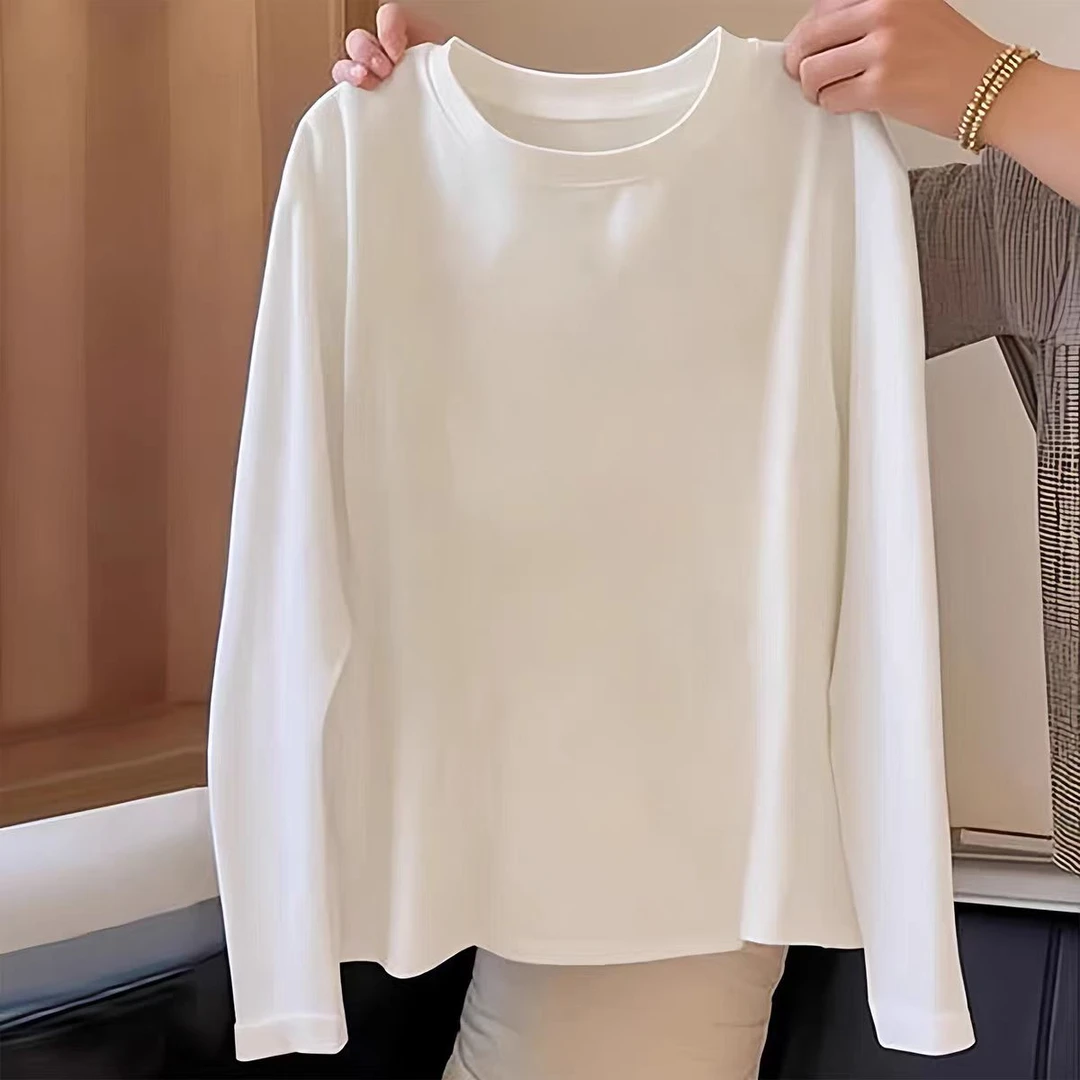 白色宽松2026秋冬新款打底衫加绒长袖t恤休闲内搭棉质简约上衣潮