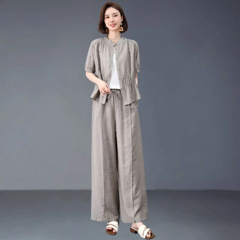 套装女夏季2025新款时尚中年妈妈高级感宽松休闲高贵阔腿裤两件套