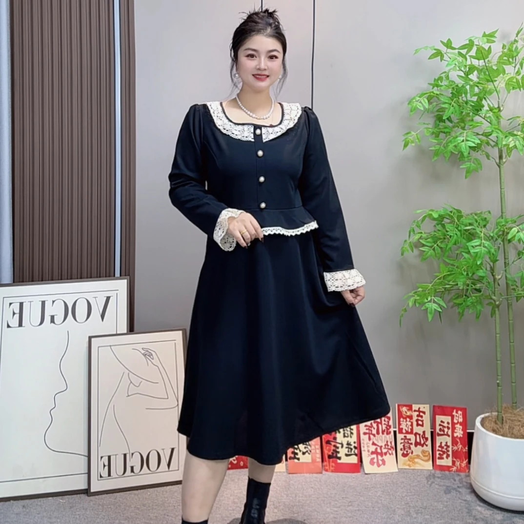 佳奇家A字裙长袖大码连衣裙秋季高腰圆领蕾丝花边洋气减龄款