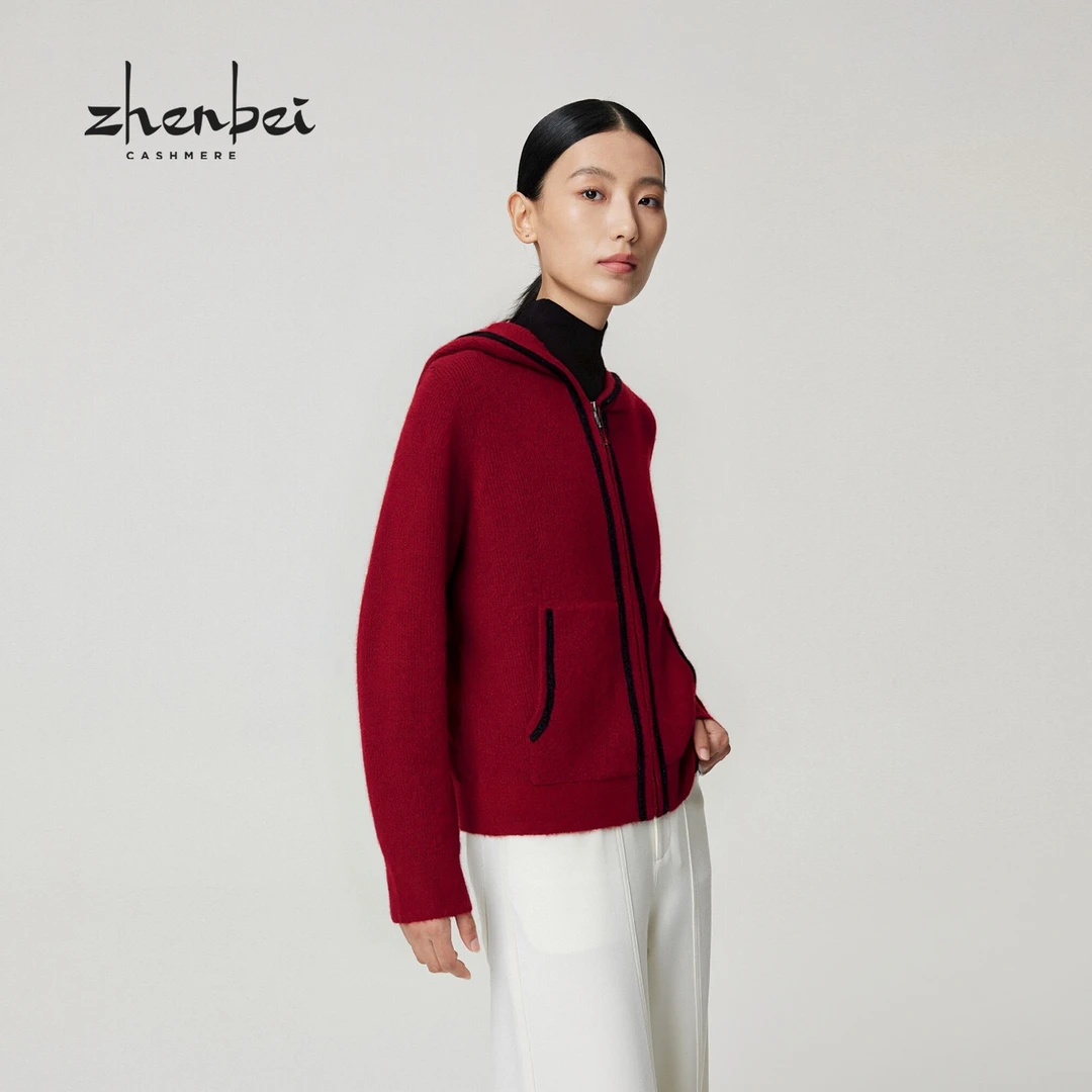 ZB/珍贝2025秋冬新品 绒绒带帽拉链女开衫/56496Q