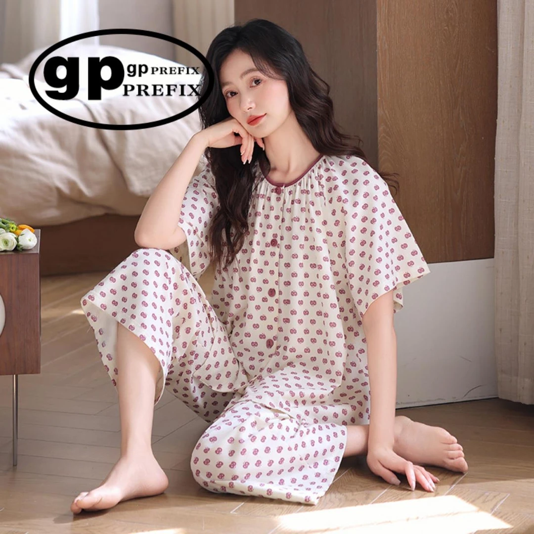 日系小众GP睡衣女士夏季纯棉短袖薄款中年妈妈高级大码家居服套装