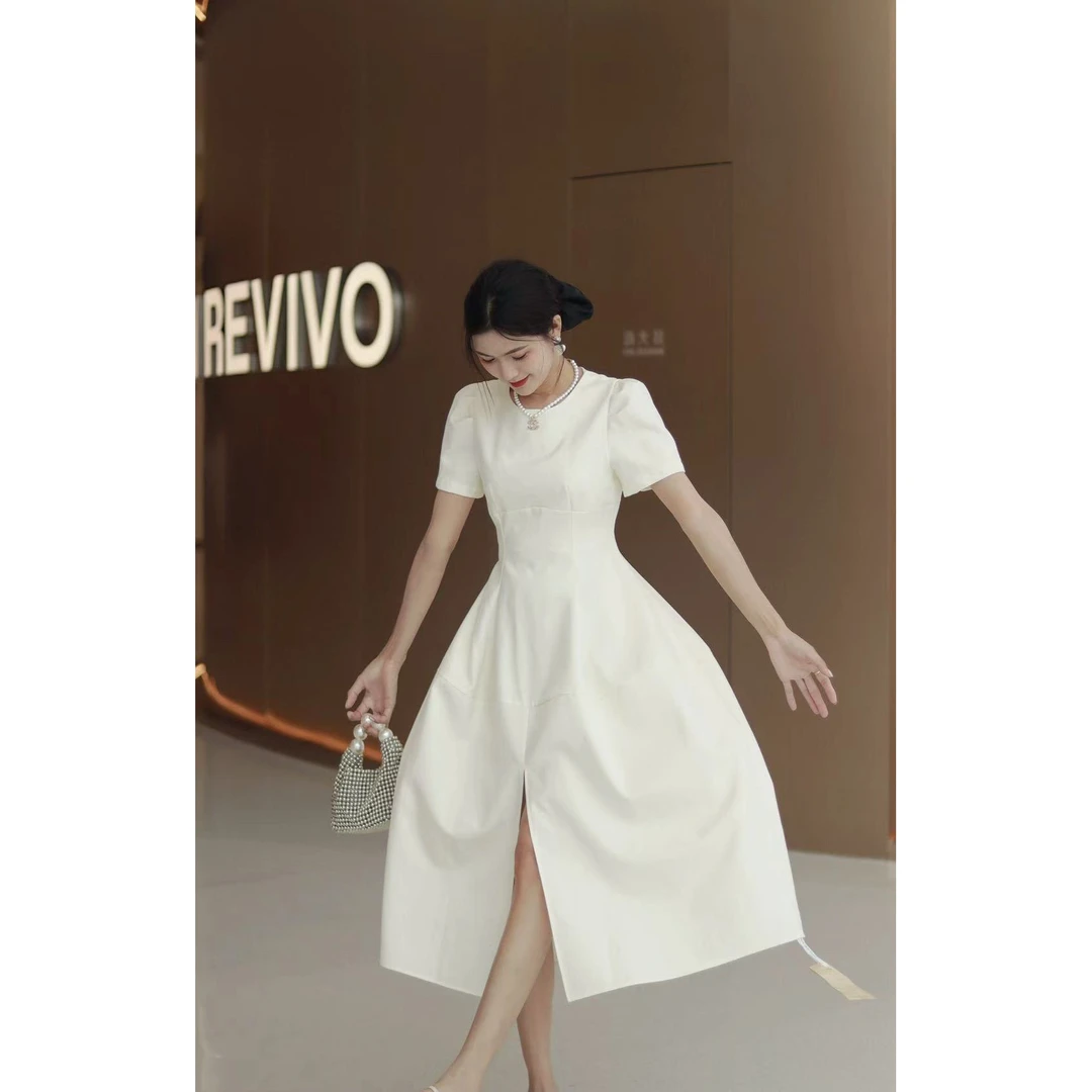 【海南简爱】法式赫本风开叉方领夏季新款气质收腰大摆长裙3421