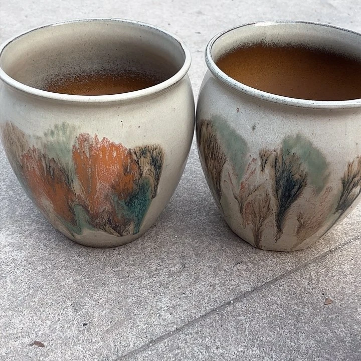 紫砂茶碗油画两个口径18高度20